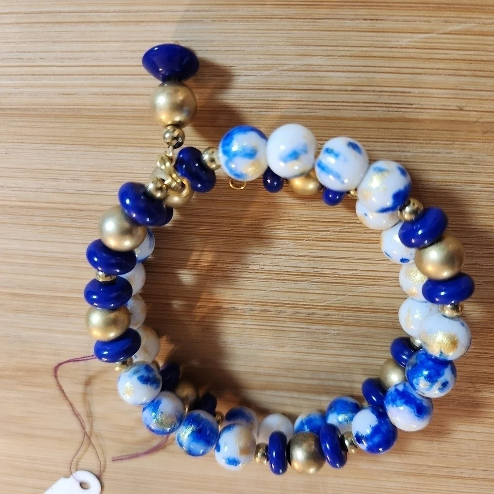 Hand Crafted Memory Wire Wrap Bracelet Royal Blue Gold White Small/Medium
